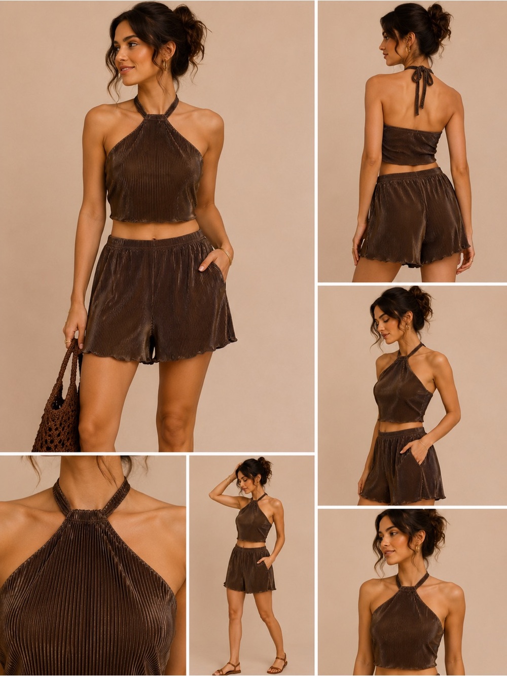 Plissé Satin Halter Top Set Chocolate Brown Festival Clubwear Soft Clean Girl L